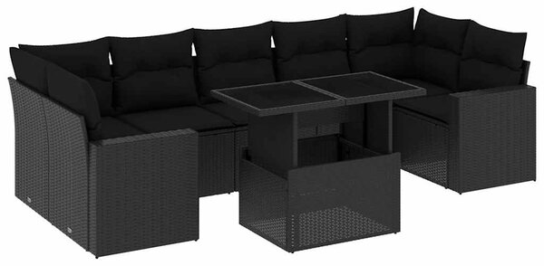 8 részes fekete polyrattan kerti ülőgarnitúra párnákkal