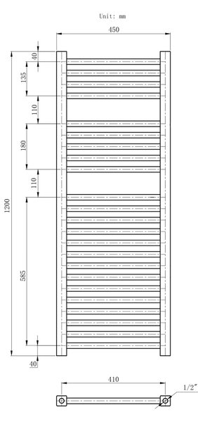 Gamma Erga Proper, radiátor 1200x450 mm, 650W, fehér, ERG-LAV-PROP-12045-WH