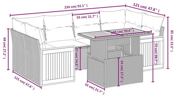 7 részes szürke polyrattan kerti ülőgarnitúra párnákkal
