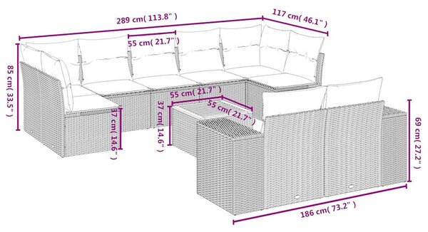 10 részes fekete polyrattan kerti ülőgarnitúra párnákkal