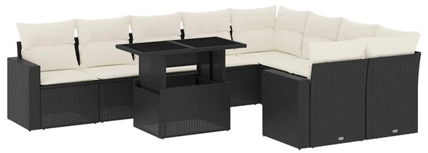 10 részes fekete polyrattan kerti ülőgarnitúra párnákkal