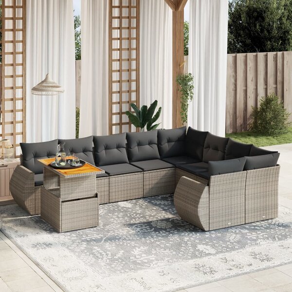 10 részes szürke polyrattan kerti ülőgarnitúra párnákkal