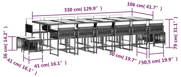 17 részes szürke polyrattan kerti étkezőgarnitúra párnával