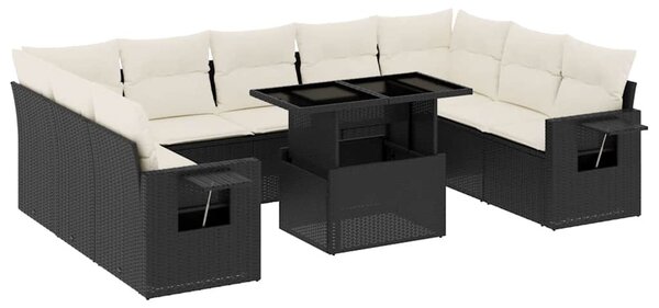 10 részes fekete polyrattan kerti ülőgarnitúra párnákkal