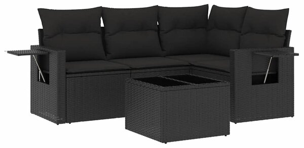 5 részes fekete polyrattan kerti kanapészett párnákkal