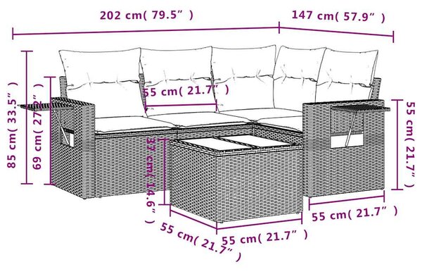 5 részes fekete polyrattan kerti kanapészett párnákkal