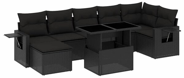 8 részes fekete polyrattan kerti ülőgarnitúra párnákkal