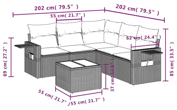 6 részes fekete polyrattan kerti ülőgarnitúra párnákkal
