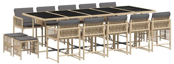 15 részes vegyes bézs polyrattan kerti étkezőgarnitúra párnával