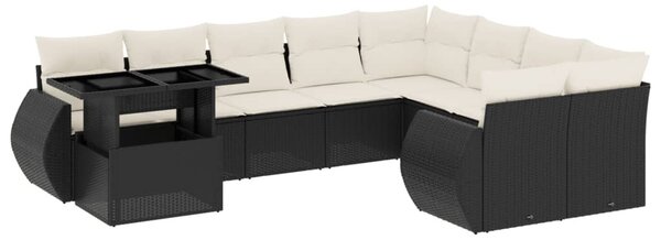 10 részes fekete polyrattan kerti ülőgarnitúra párnákkal