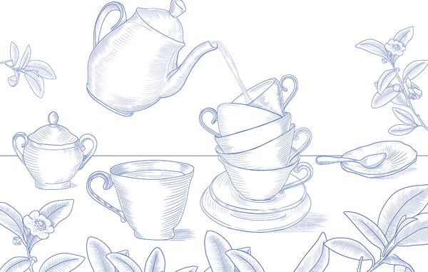Fotótapéta Teáskanna, amely egy teáscsészékből álló halomba önt, Designer fali fotótapéta, Népszerű fotótapéta, t00418v2 - Tapeko.hu