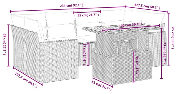 7 részes szürke polyrattan kerti ülőgarnitúra párnákkal