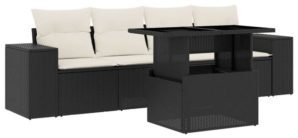 5 részes fekete polyrattan kerti kanapészett párnákkal
