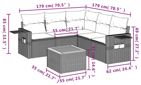 6 részes fekete polyrattan kerti ülőgarnitúra párnákkal