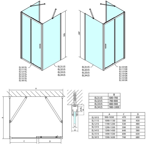 Polysan EASY, 3 falú zuhanykabin 1000x700mm, L/P változat, átlátszó üveg, EL1015EL3115EL3115