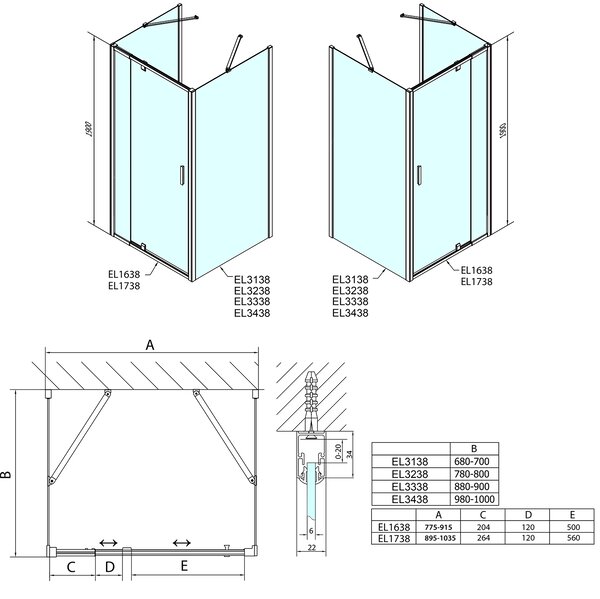 Polysan EASY, 3 falas zuhanykabin 800-900x700mm, forgóajtós bal/jobb változat, Téglaüveg, EL1638EL3138EL3138