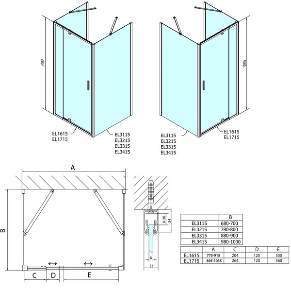 Polysan EASY, 3 falú zuhanykabin 800-900x700mm, forgóajtós bal/jobb változat, átlátszó üveg, EL1615EL3115EL3115