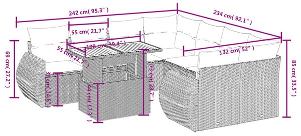 9 részes szürke polyrattan kerti ülőgarnitúra párnákkal