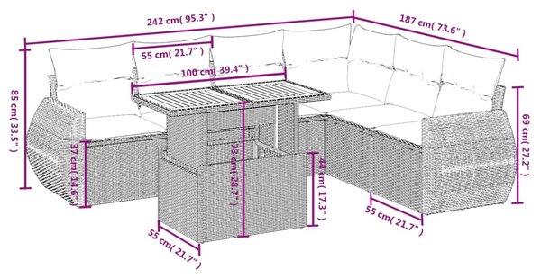 7 részes szürke polyrattan kerti ülőgarnitúra párnákkal