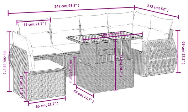 7 részes szürke polyrattan kerti ülőgarnitúra párnákkal