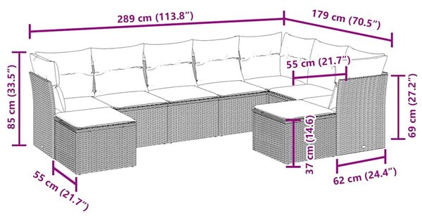 9 részes barna polyrattan kerti ülőgarnitúra párnákkal
