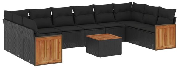 11 részes fekete polyrattan kerti ülőgarnitúra párnákkal