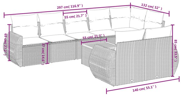 9 részes fekete polyrattan kerti ülőgarnitúra párnákkal