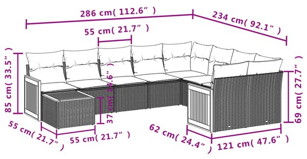10 részes szürke polyrattan kerti ülőgarnitúra párnákkal