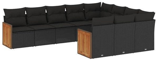 10 részes fekete polyrattan kerti ülőgarnitúra párnákkal