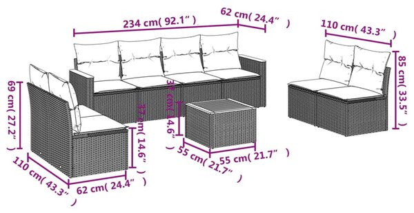 9 részes bézs polyrattan kerti ülőgarnitúra párnákkal