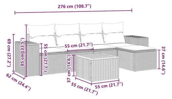6 részes fekete polyrattan kerti ülőgarnitúra párnákkal