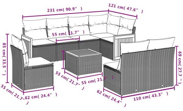 9 részes bézs polyrattan kerti ülőgarnitúra párnákkal