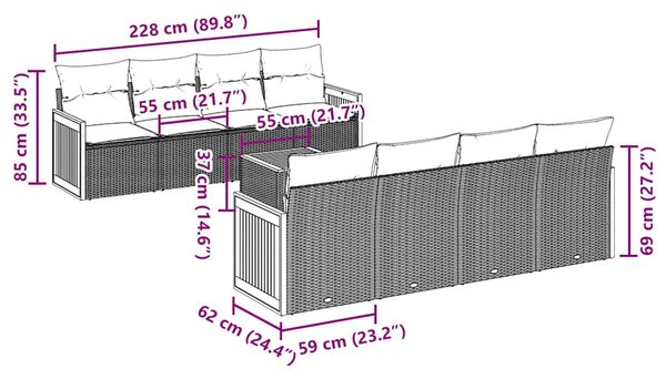 9 részes fekete polyrattan kerti ülőgarnitúra párnákkal