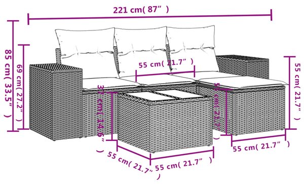 5 részes fekete polyrattan kerti kanapészett párnákkal