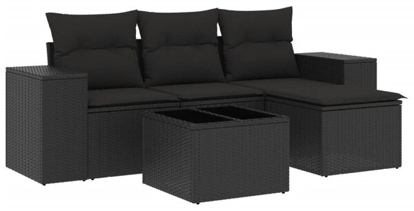 5 részes fekete polyrattan kerti kanapészett párnákkal