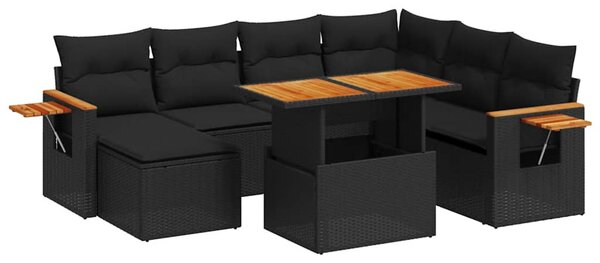 8 részes fekete polyrattan kerti ülőgarnitúra párnákkal