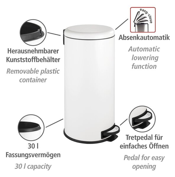 Fehér acél pedálos szemetes 30 l Leman – Wenko