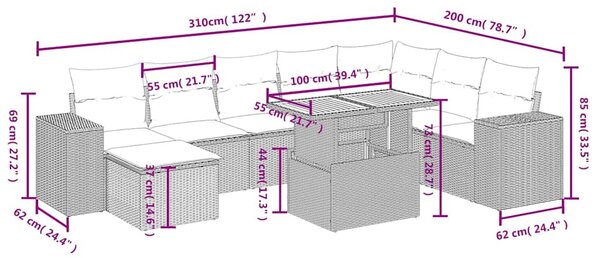 9 részes fekete polyrattan kerti ülőgarnitúra párnákkal