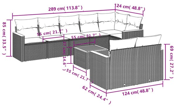 9 részes szürke polyrattan kerti ülőgarnitúra párnákkal