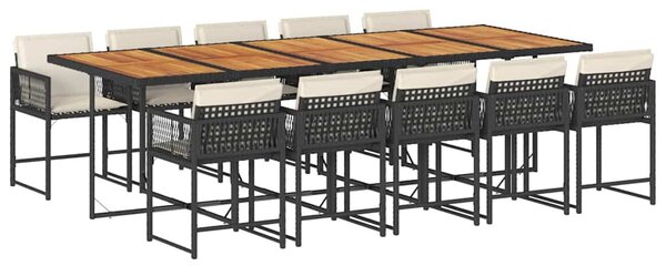 11 részes fekete polyrattan kerti étkezőgarnitúra párnákkal
