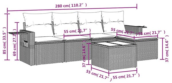 6 részes fekete polyrattan kerti ülőgarnitúra párnákkal