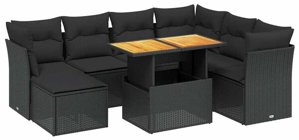 8 részes fekete polyrattan kerti ülőgarnitúra párnákkal