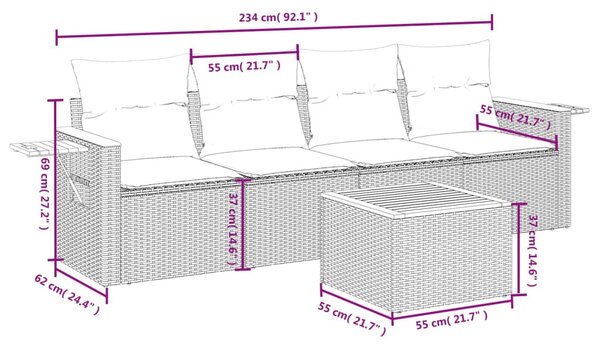 5 részes fekete polyrattan kerti kanapészett párnákkal