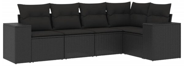 5 részes fekete polyrattan kerti kanapészett párnákkal