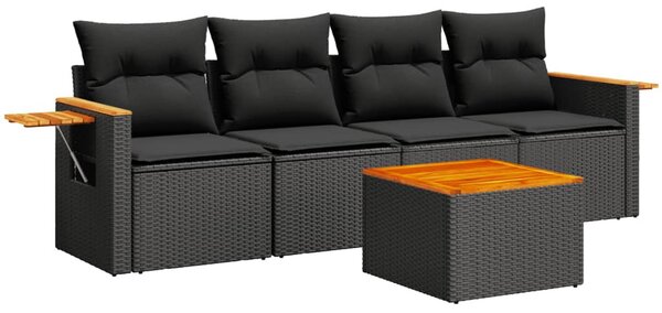 5 részes fekete polyrattan kerti kanapészett párnákkal