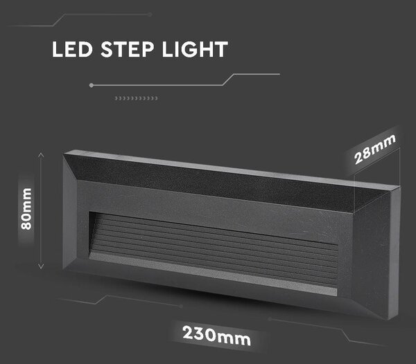 V-TAC 3W fekete LED lépcsővilágítás, IP65, természetes fehér - SKU 211328