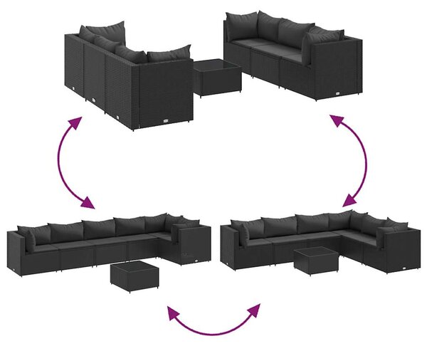 7 részes fekete polyrattan kerti ülőgarnitúra párnákkal