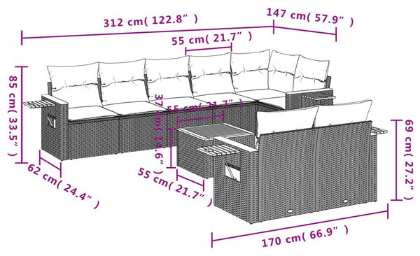 9 részes bézs polyrattan kerti ülőgarnitúra párnákkal