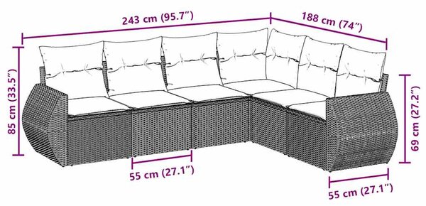 6 részes fekete polyrattan kerti ülőgarnitúra párnákkal