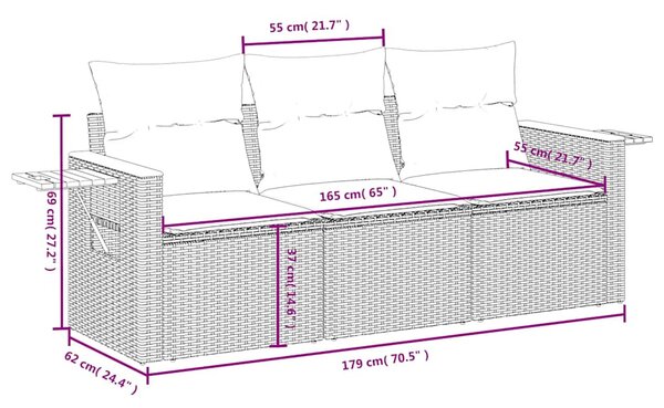 3 részes fekete polyrattan kerti ülőgarnitúra párnával
